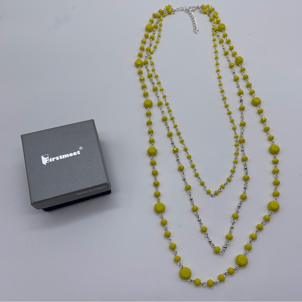 Womens Chunky Beaded Necklace Yellow Statement Layered 3 Strands